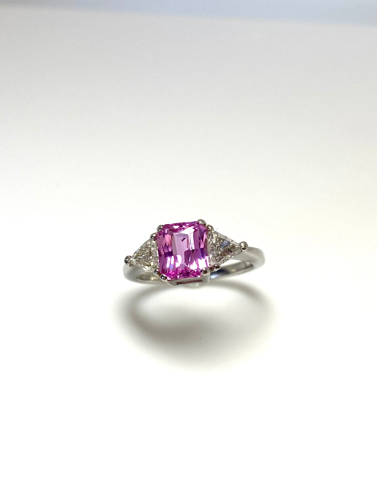 PLATINUM 2.13CT PINK SAPPHIRE RING WITH 60PT TRILLION DIAMONDS