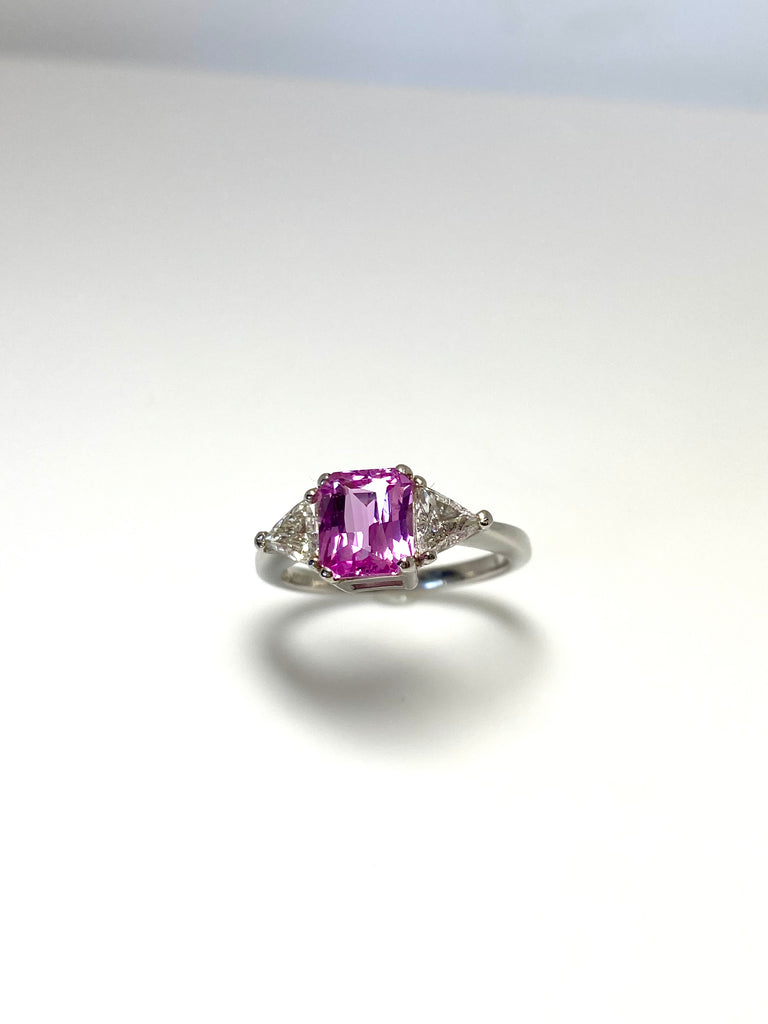 PLATINUM 2.13CT PINK SAPPHIRE RING WITH 60PT TRILLION DIAMONDS