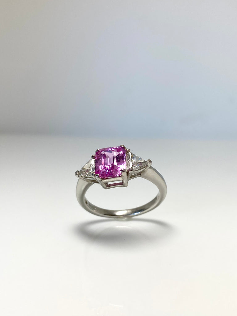 PLATINUM 2.13CT PINK SAPPHIRE RING WITH 60PT TRILLION DIAMONDS