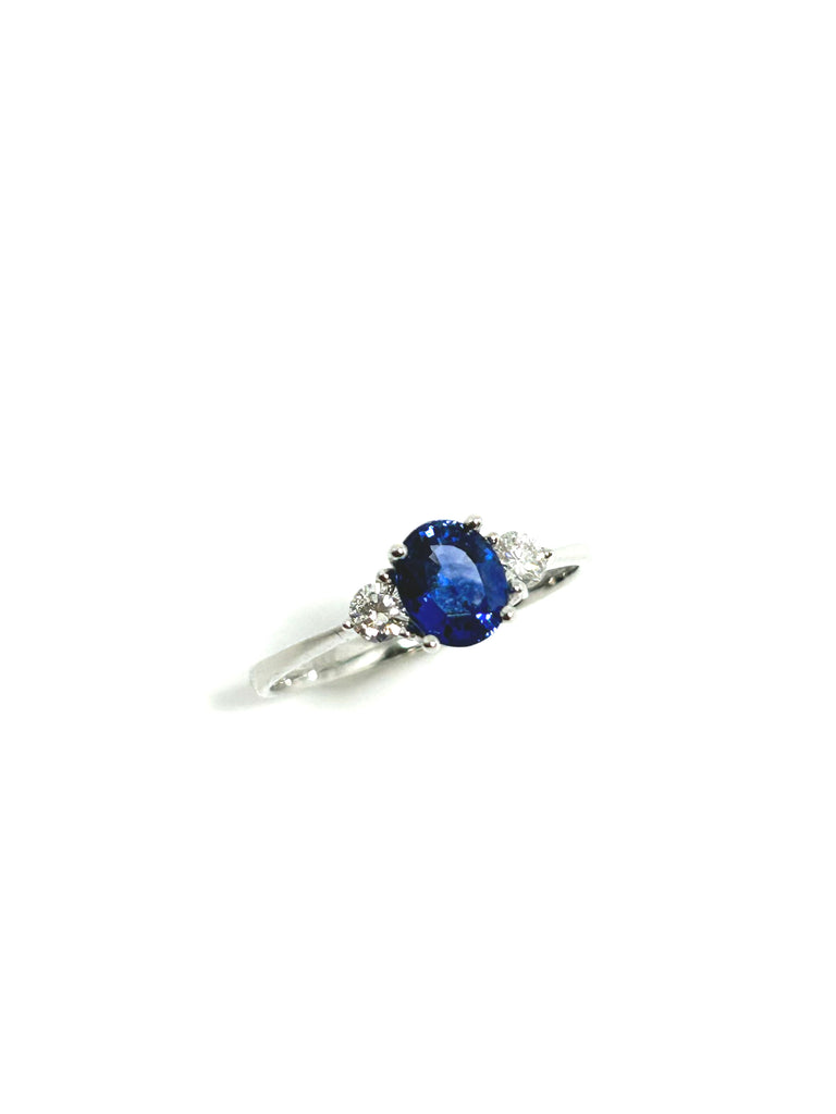 18CT WHITE GOLD 80PT SAPPHIRE AND 20PT DIAMOND TRILOGY RING