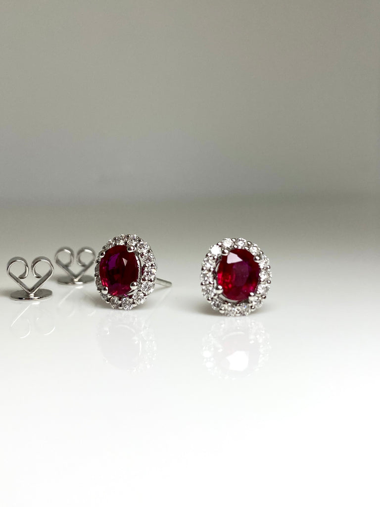 18CT WHITE GOLD RUBY AND DIAMOND CLUSTER STUD EARRINGS