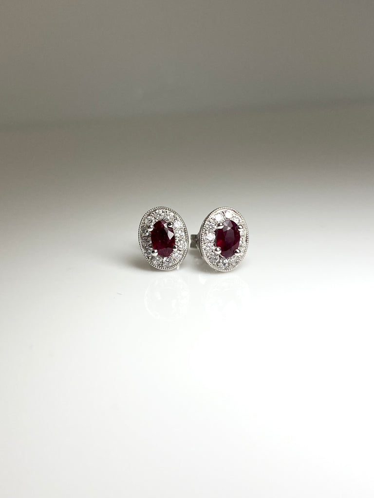 18CT WHITE GOLD 63PT RUBY AND 25PT DIAMOND CLUSTER STUD EARRINGS