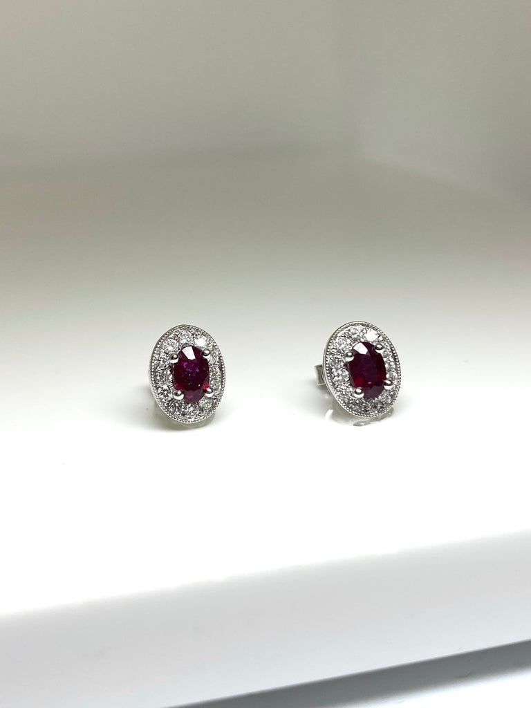 18CT WHITE GOLD 63PT RUBY AND 25PT DIAMOND CLUSTER STUD EARRINGS