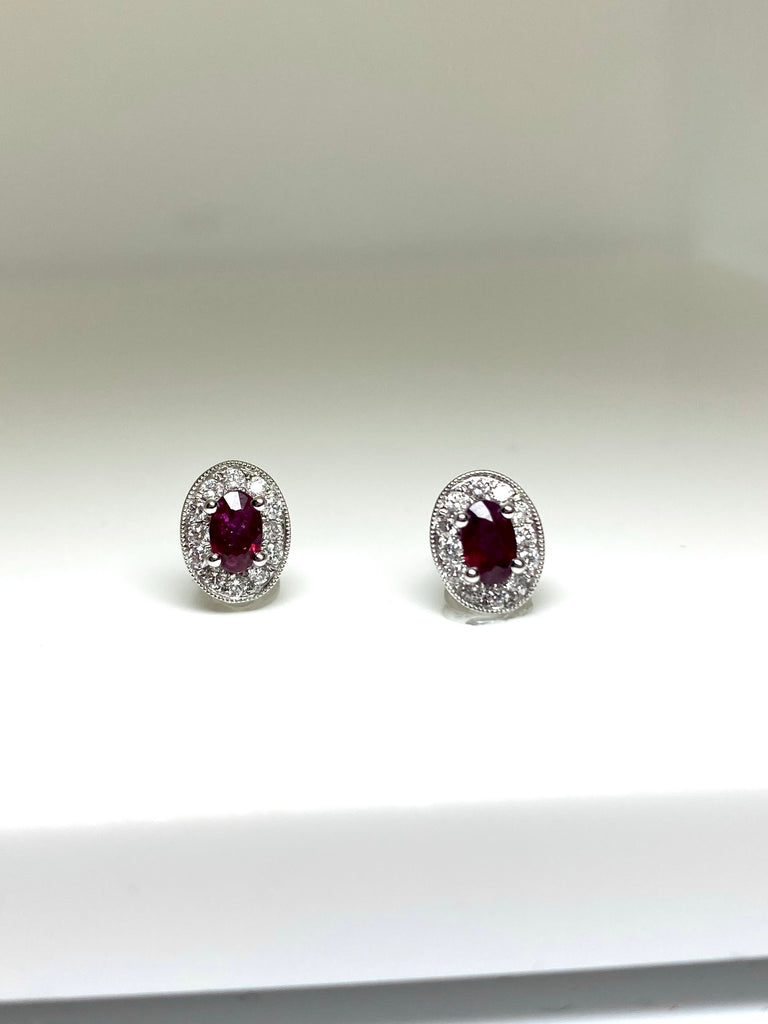 18CT WHITE GOLD 63PT RUBY AND 25PT DIAMOND CLUSTER STUD EARRINGS