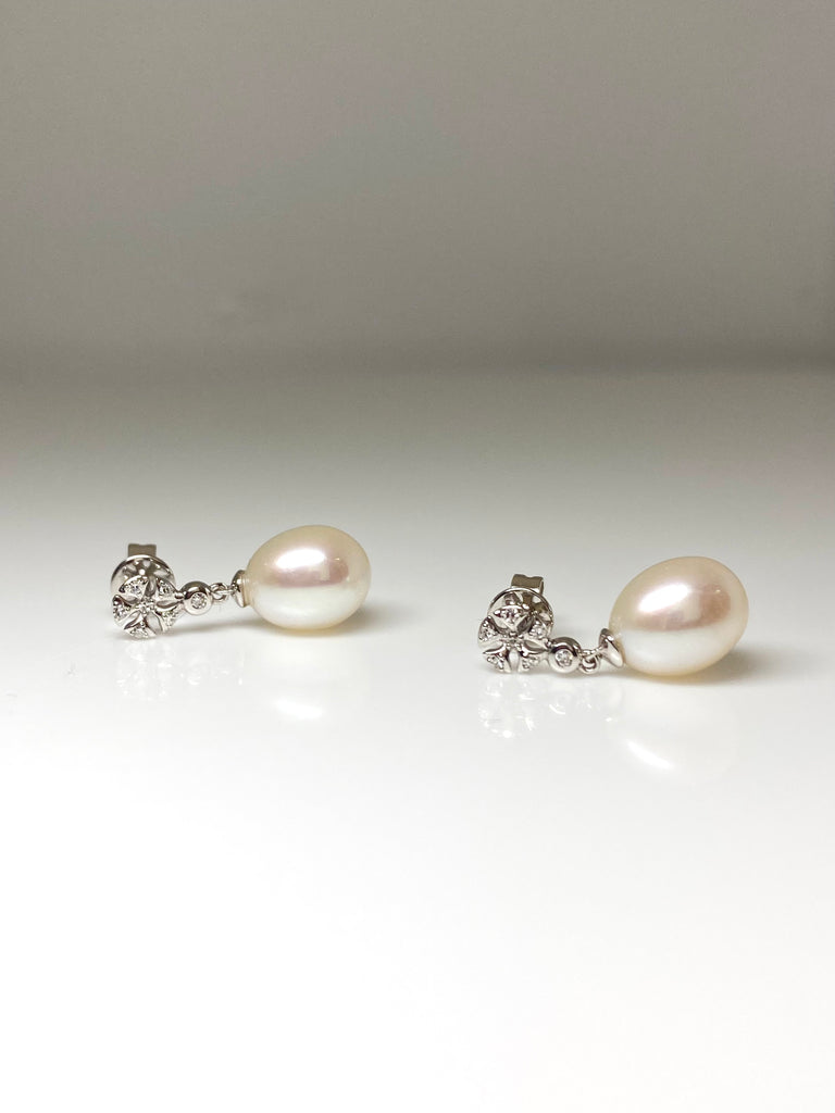 9CT WHITE GOLD DIAMOND AND PEARL DROP EARRINGS