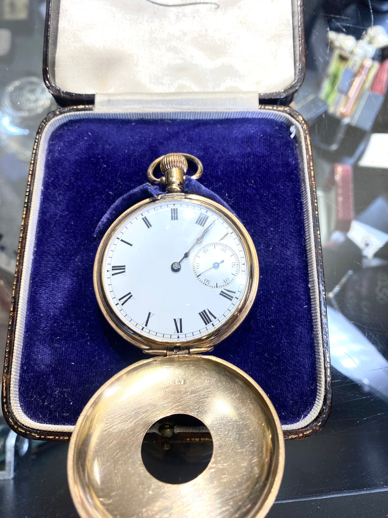 9CT GOLD OPEN FACE HUNTER POCKET WATCH