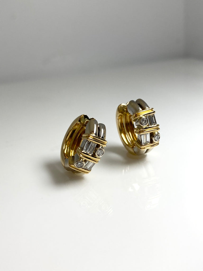 18CT YELLOW AND WHITE GOLD HOOPS WITH BAGUETTE AND ROUND CUT DIAMONDS