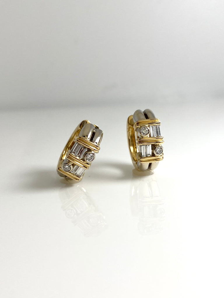 18CT YELLOW AND WHITE GOLD HOOPS WITH BAGUETTE AND ROUND CUT DIAMONDS