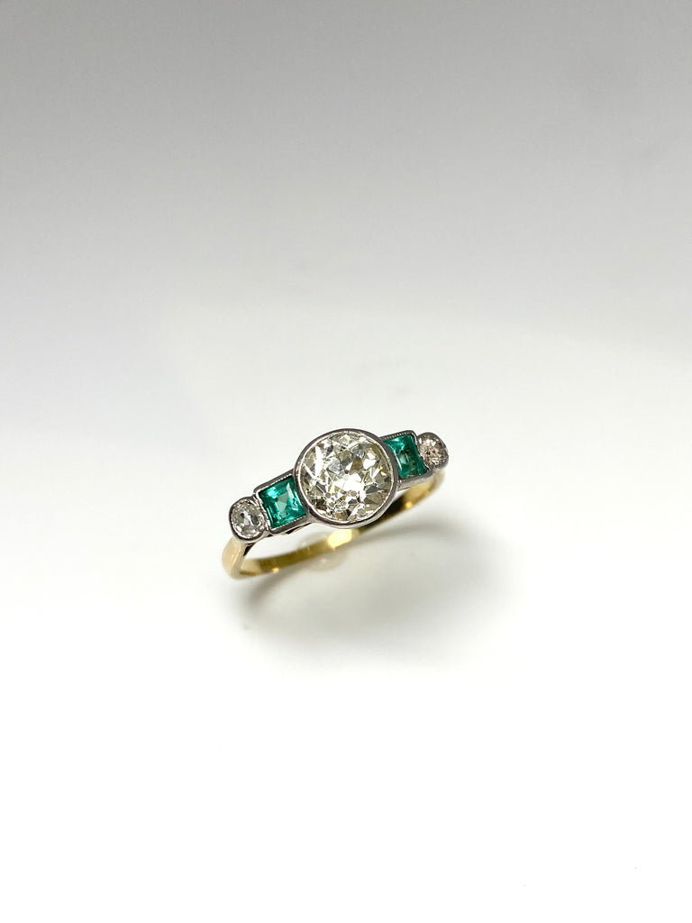 18CT ART DECO 1.20CT OLD CUT DIAMOND AND EMERALDS