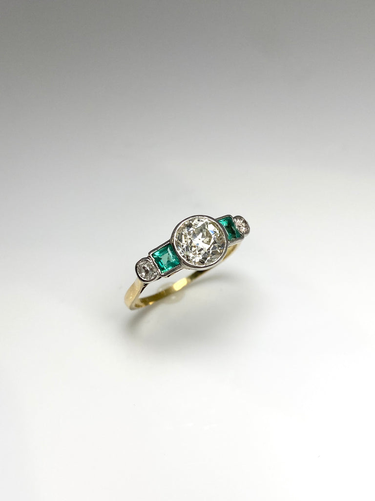 18CT ART DECO 1.20CT OLD CUT DIAMOND AND EMERALDS