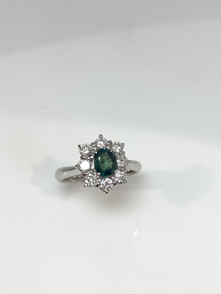 ALEXANDRITE AND DIAMOND CLUSTER RING IN PLATINUM