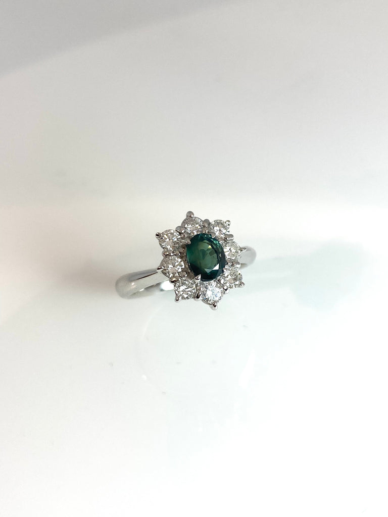 ALEXANDRITE AND DIAMOND CLUSTER RING IN PLATINUM