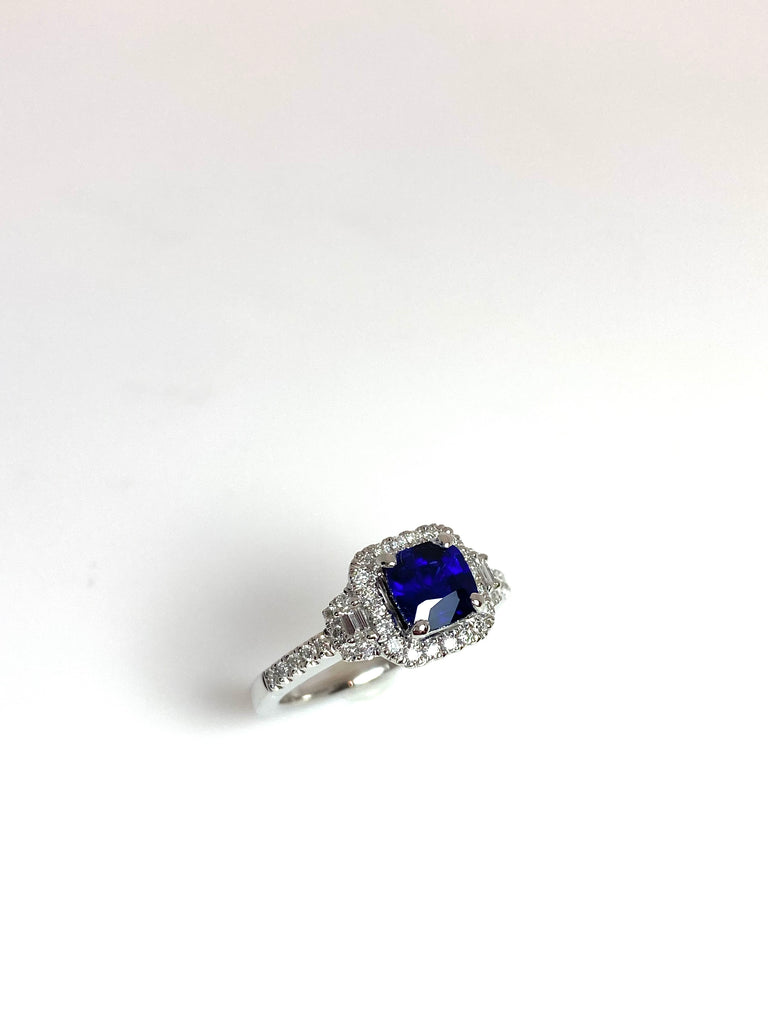 PLATINUM 1.15CT SAPPHIRE RING WITH DIAMOND HALO AND SHOULDERS