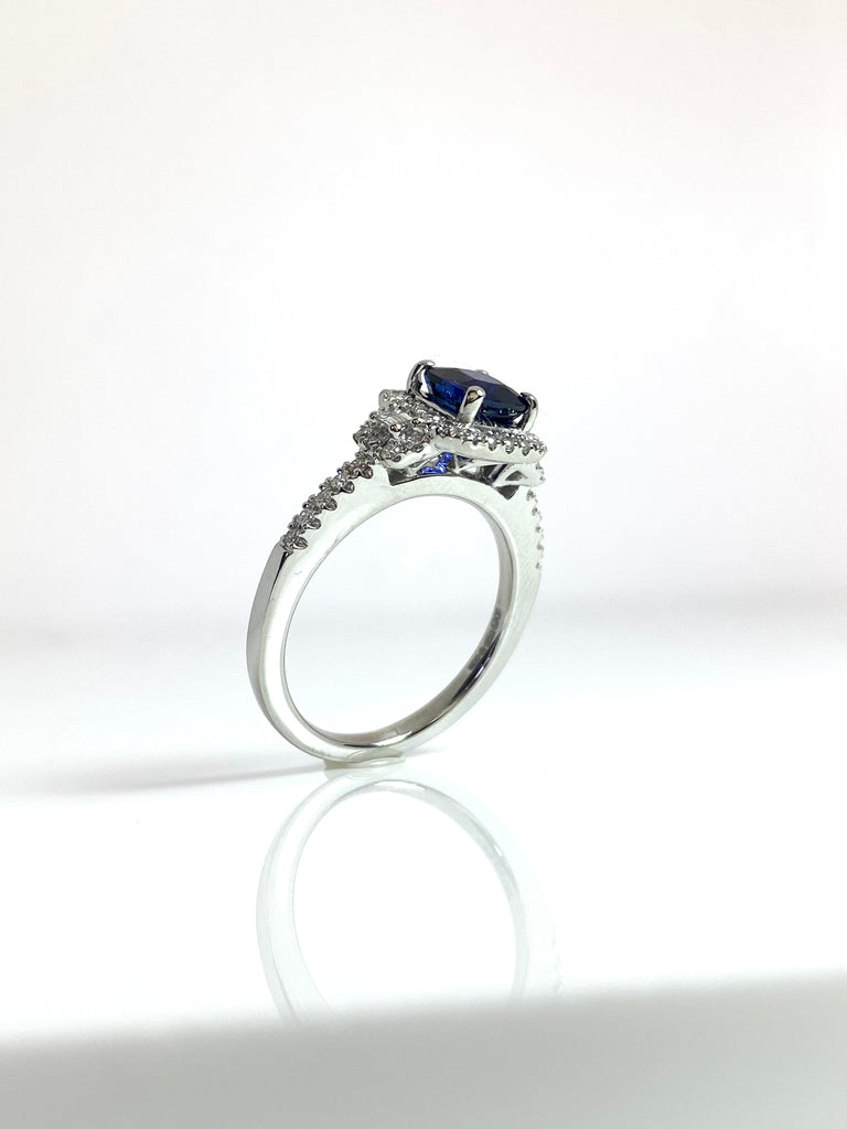 PLATINUM 1.15CT SAPPHIRE RING WITH DIAMOND HALO AND SHOULDERS