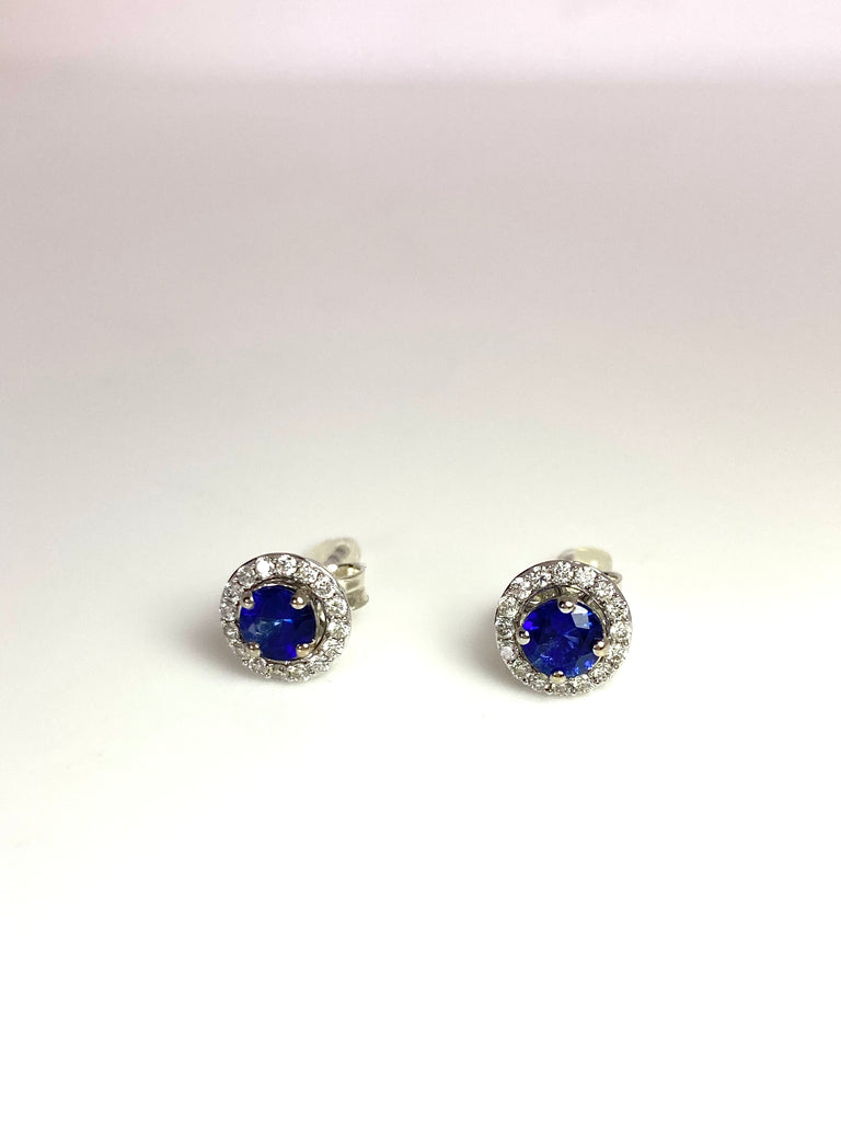 18CT WHITE GOLD 33PT DIAMOND HALO SAPPHIRE STUD EARRINGS