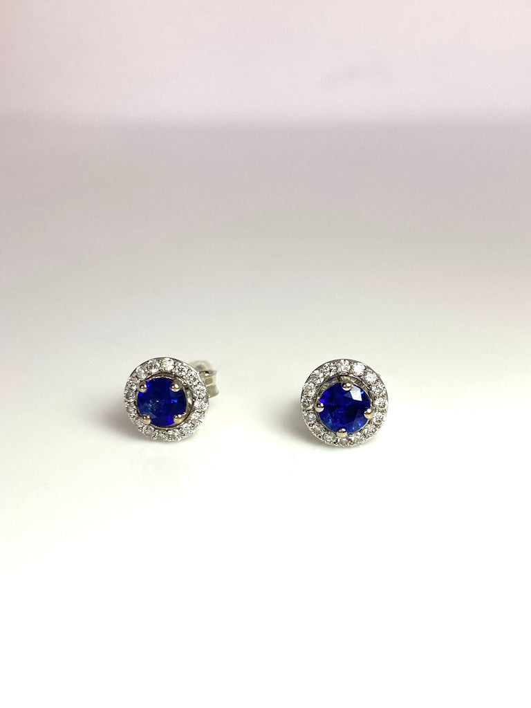 18CT WHITE GOLD 33PT DIAMOND HALO SAPPHIRE STUD EARRINGS