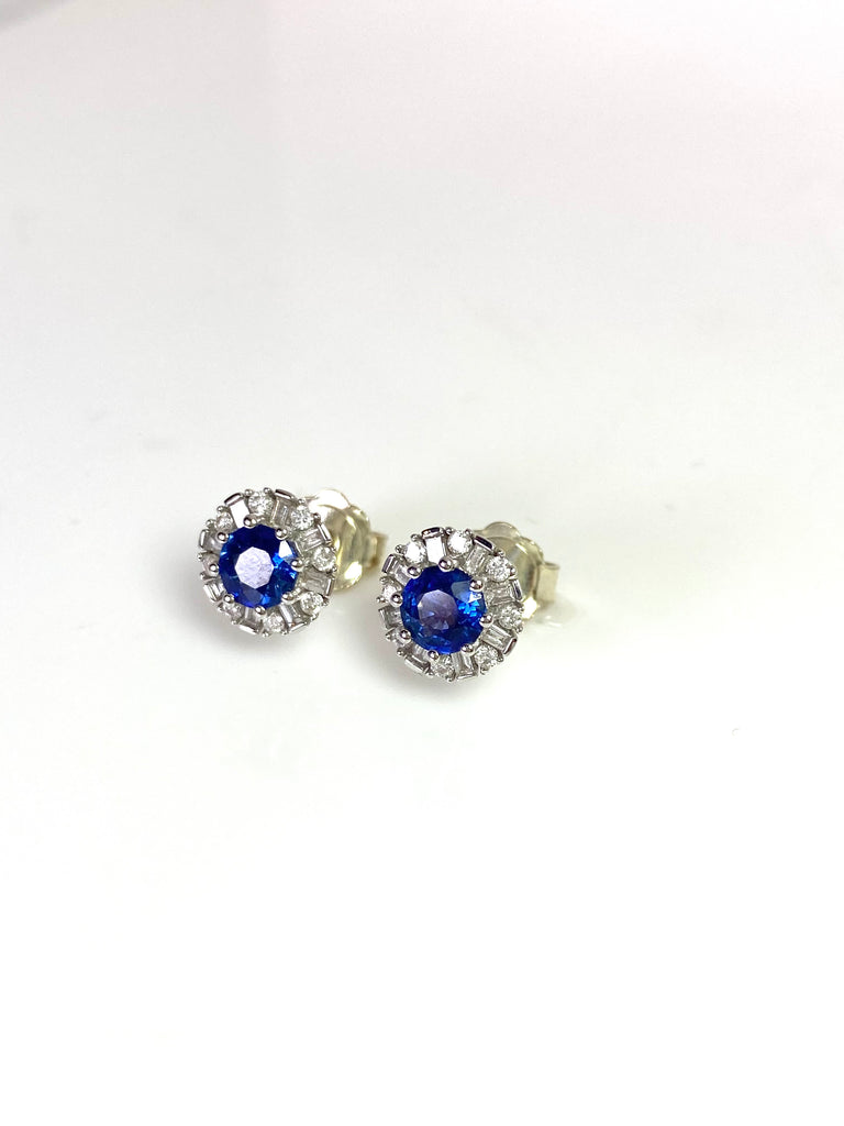 18CT WHITE GOLD 1.24CT SAPPHIRE STUDS WITH A DIAMOND HALO