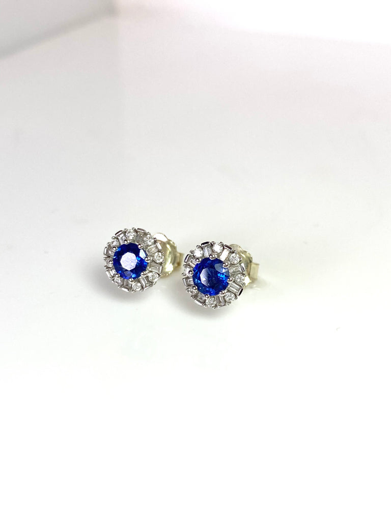 18CT WHITE GOLD 1.24CT SAPPHIRE STUDS WITH A DIAMOND HALO