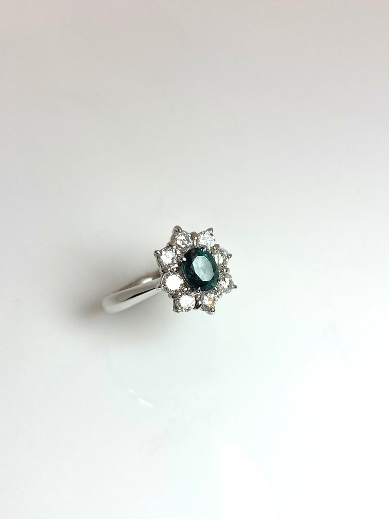 ALEXANDRITE AND DIAMOND CLUSTER RING IN PLATINUM