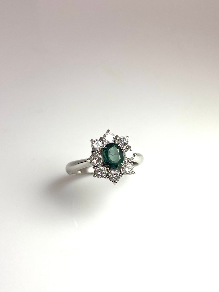 ALEXANDRITE AND DIAMOND CLUSTER RING IN PLATINUM