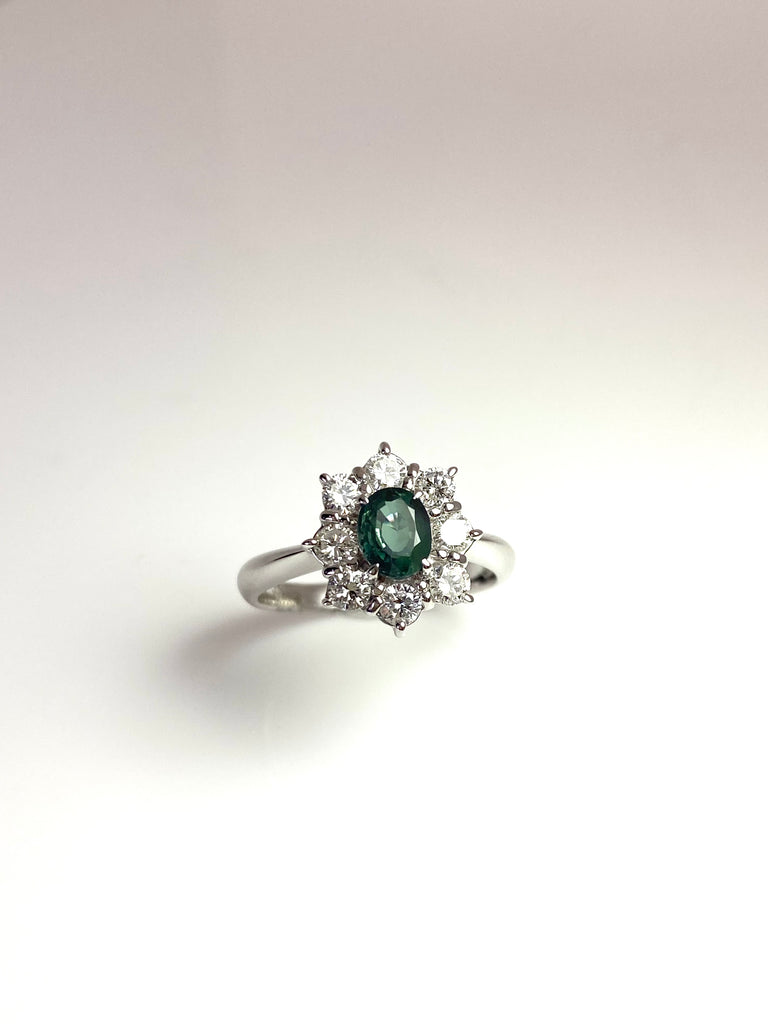 ALEXANDRITE AND DIAMOND CLUSTER RING IN PLATINUM