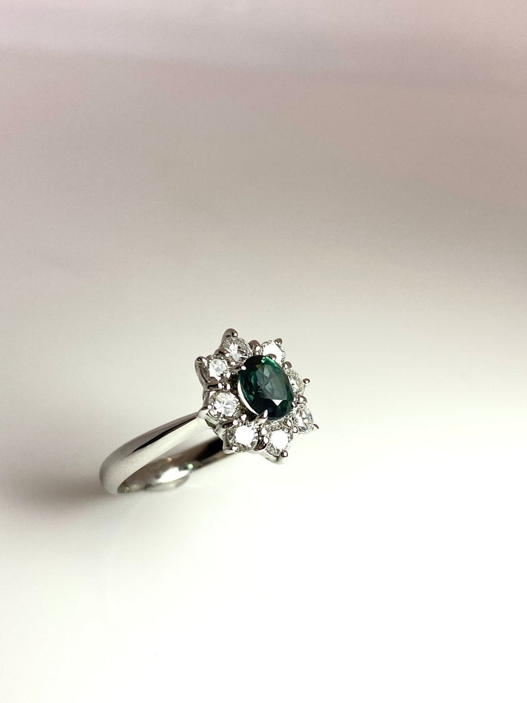 ALEXANDRITE AND DIAMOND CLUSTER RING IN PLATINUM