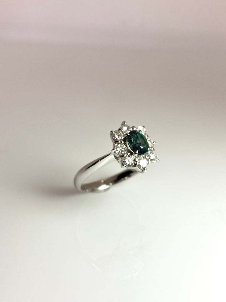 ALEXANDRITE AND DIAMOND CLUSTER RING IN PLATINUM