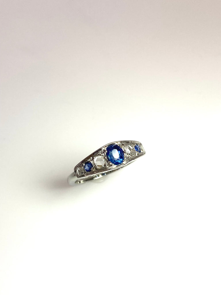 PLATINUM ROSE CUT DIAMONDS AND SAPPHIRE RING