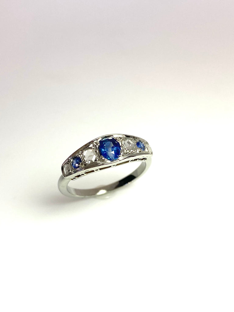 PLATINUM ROSE CUT DIAMONDS AND SAPPHIRE RING