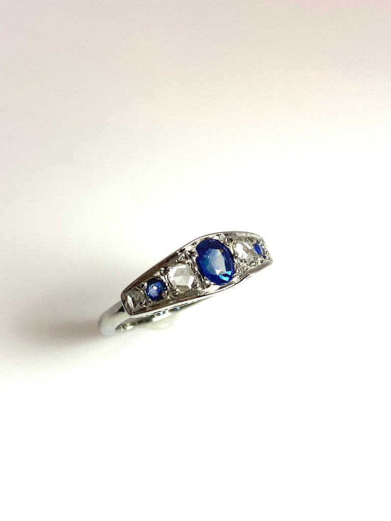 PLATINUM ROSE CUT DIAMONDS AND SAPPHIRE RING