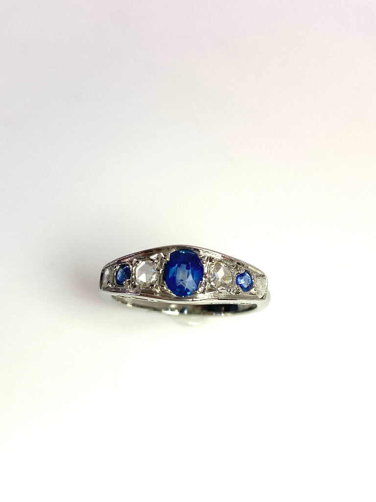 PLATINUM ROSE CUT DIAMONDS AND SAPPHIRE RING