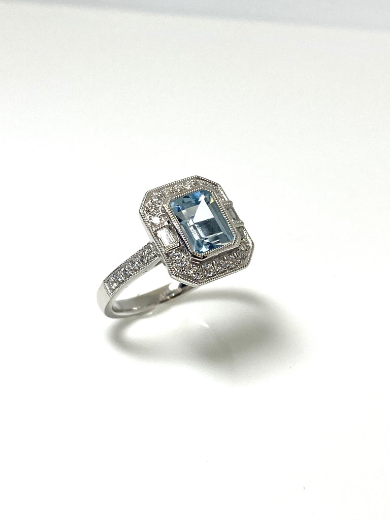 PLATINUM 1.40CT AQUAMARINE AND 41PT DIAMOND VINTAGE STYLE RING